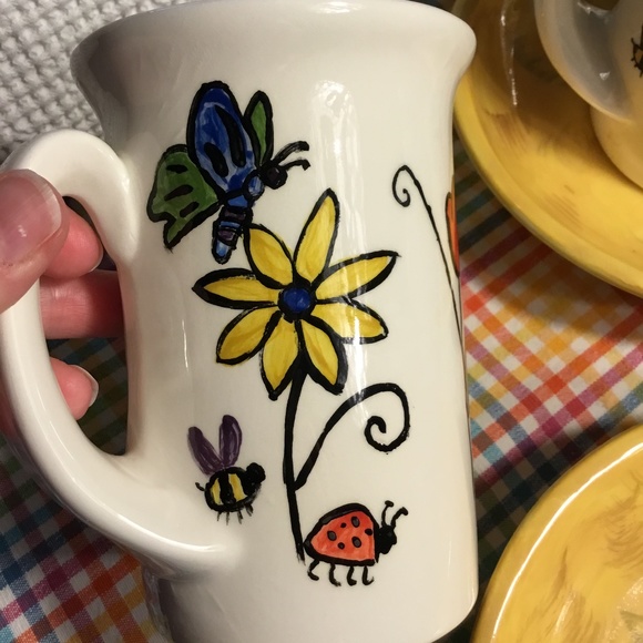 Handmade Ceramic Mug & Saucer w/Unique Design Hand-painted Bugs~Flowers~Bees - Picture 2 of 12